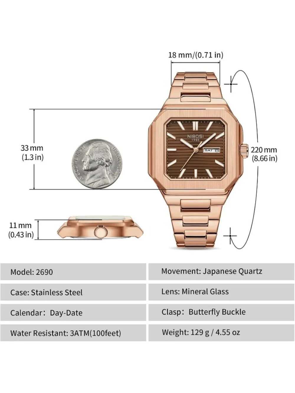 Nibosi Men's Rose Brown Analog Quartz Stainless Steel Waterproof Square Watch